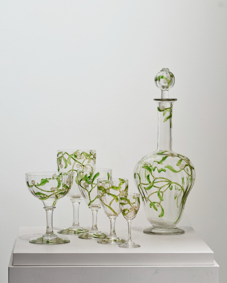 Edmond Lachenal & Daum Nancy, Rare Service Verres Et Carafes "Gui", 6/12 Personnes, Art Nouveau