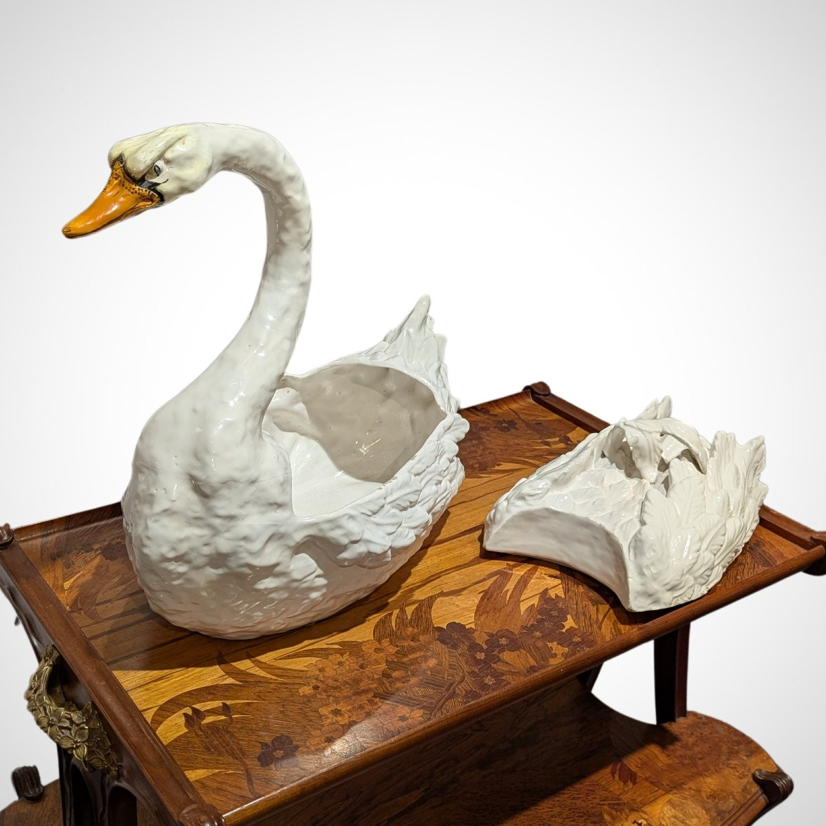 Large Swan, Decorative Ceramic Box, 19th Century-photo-3