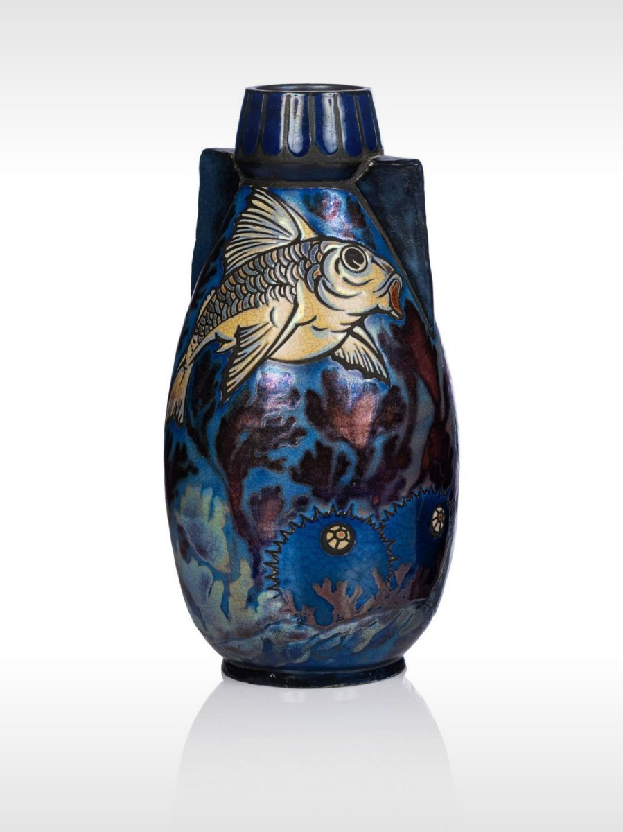 Jean Barol, Vase With Carp And Marine Flora, Art Deco Ceramic