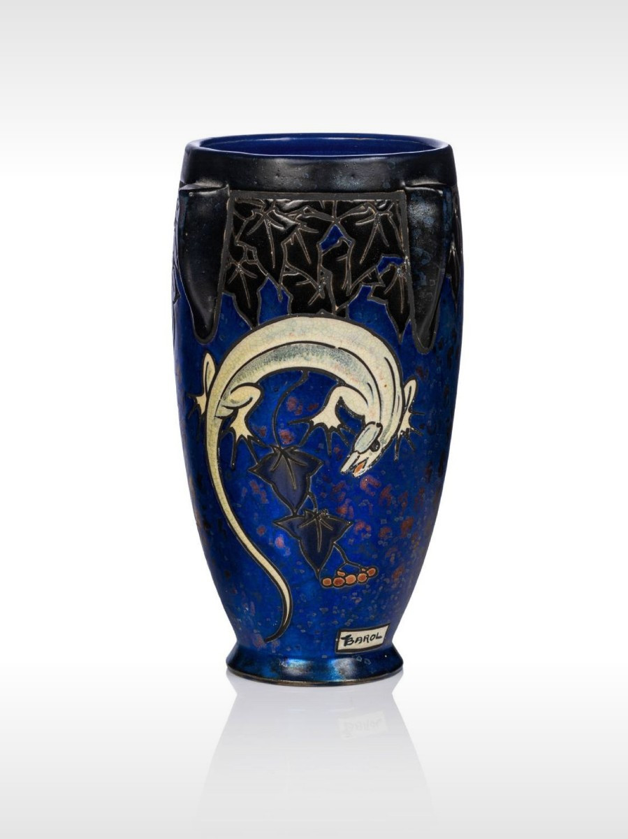 Jean Barol, Vase With Lizard And Ivy, Art Deco Ceramic