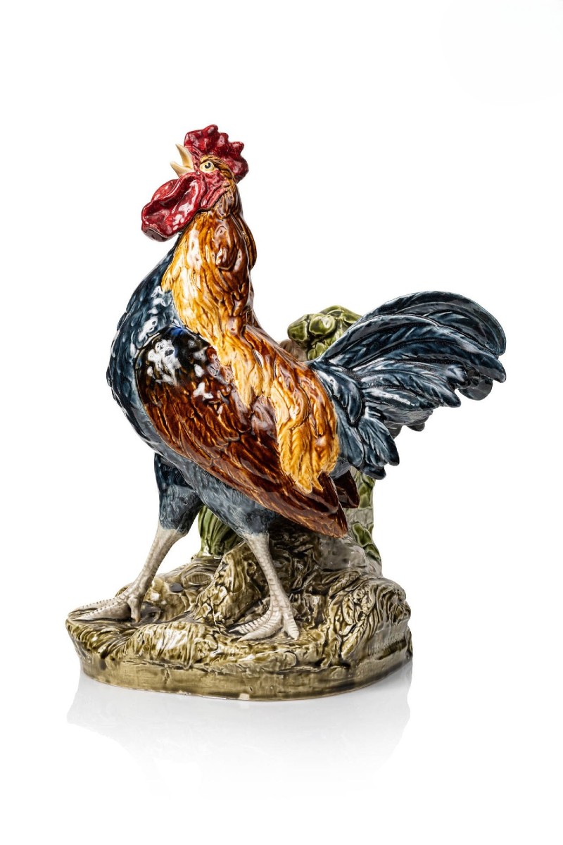 Louis Robert Carrier Belleuse, Coq chantant, Bouquetière en barbotine, Céramique polychrome