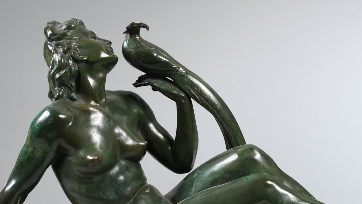 Lucien Alliot, La Femme et l'Oiseau, Bronze Art Deco-photo-3