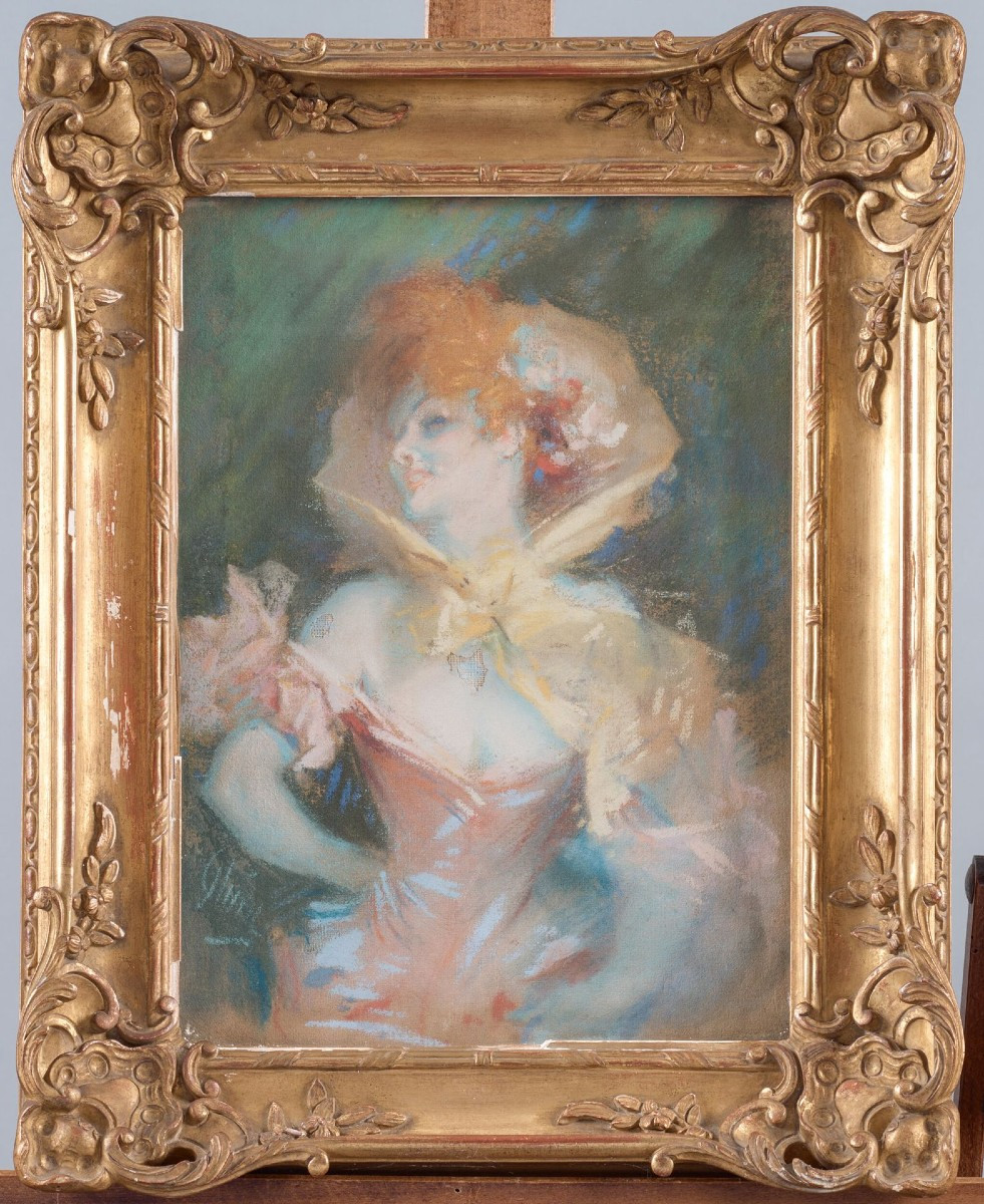 Jules Chéret, Elegant Woman With A Hat, Signed Pastel Painting
