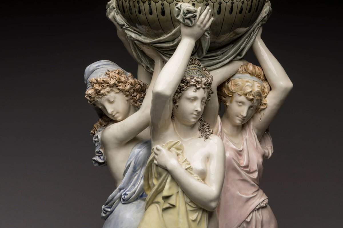 A-E. CARRIER BELLEUSE, Les Trois Grâces, Céramique Barbotine Art Nouveau-photo-3