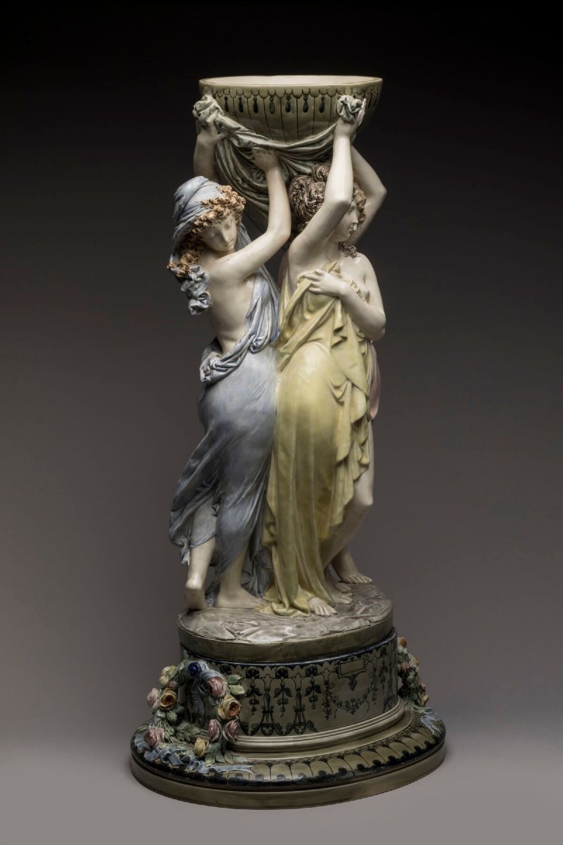 A-E. CARRIER BELLEUSE, Les Trois Grâces, Céramique Barbotine Art Nouveau-photo-4