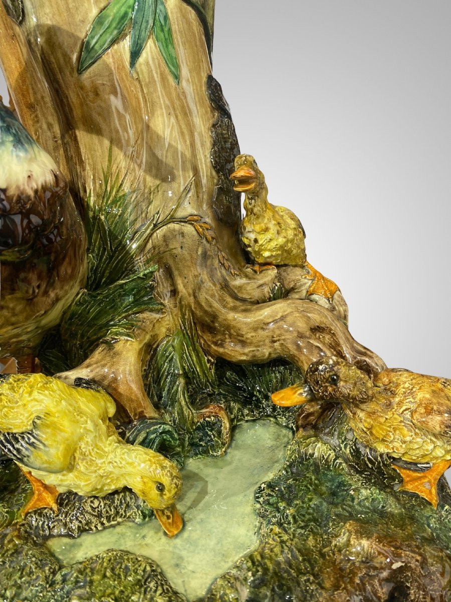 Delphin Massier, Canard et ses canetons, Barbotine Céramique polychrome-photo-2