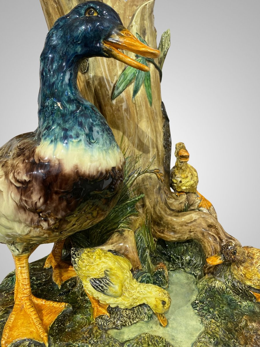 Delphin Massier, Canard et ses canetons, Barbotine Céramique polychrome-photo-3