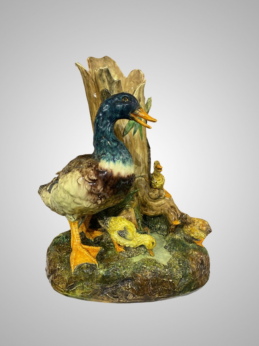 Delphin Massier, Canard et ses canetons, Barbotine Céramique polychrome