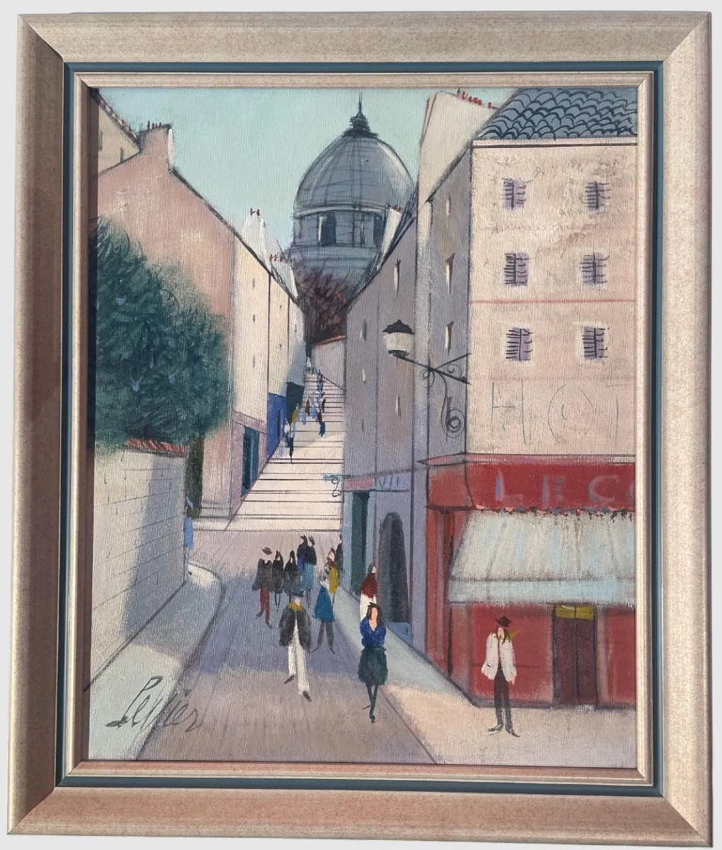 Charles Levier, Les Escaliers, Huile sur toile Paris Montmartre