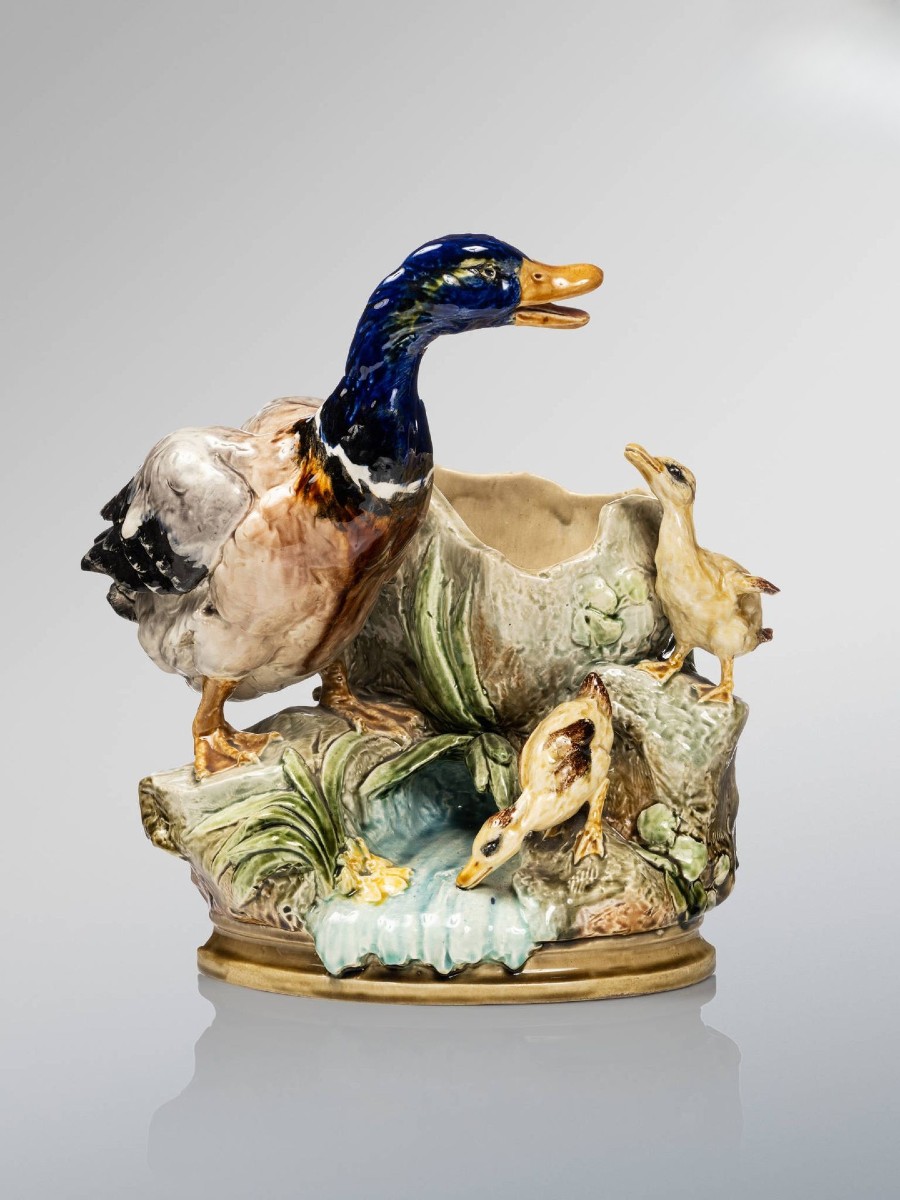 L-r. Carrier Belleuse, Planters With Ducks & Ducklings, Barbotine Choisy Le Roi