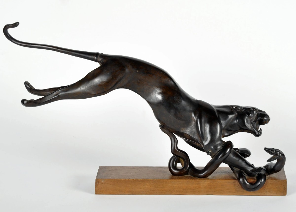Maurice Prost, "Panthère attaquant un serpent" Bronze Art Deco