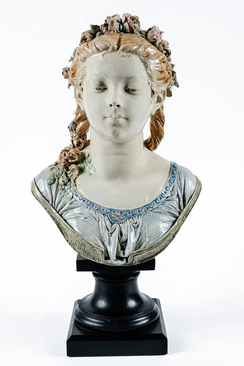 A-E. CARRIER BELLEUSE, Buste "Flore", Barbotine Céramique Art Nouveau