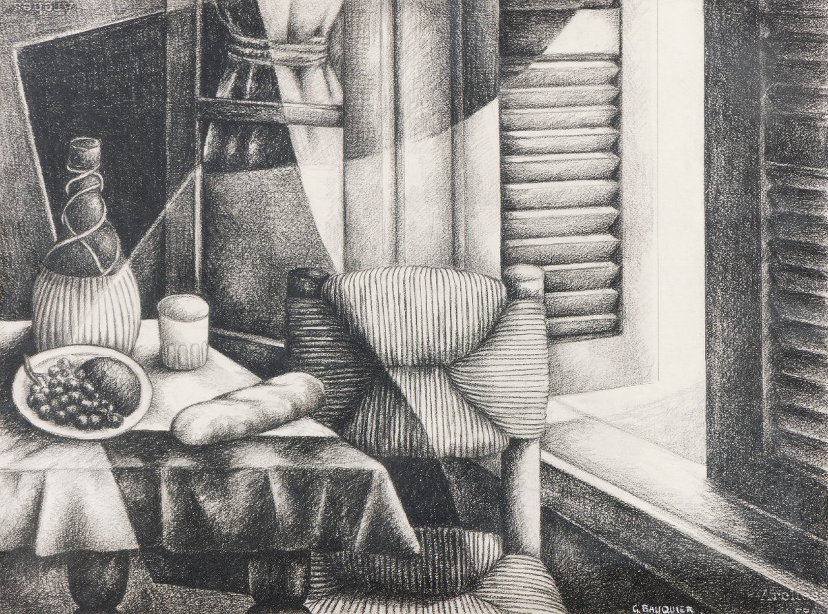 Georges Bauquier, Original Drawing "interior With Charlotte Perriand Chair"