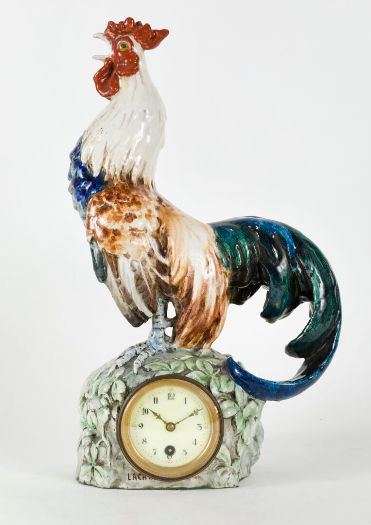 E. Lachenal, Rooster Clock, Art Nouveau Barbotine Ceramic