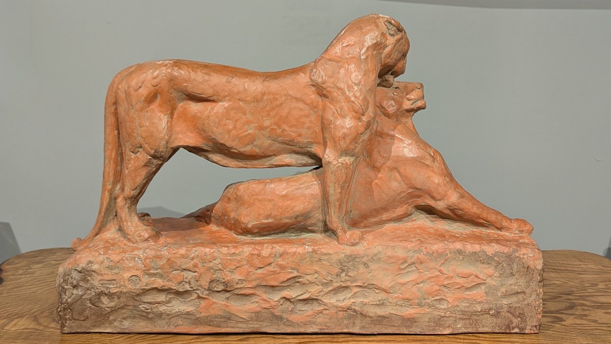 Maximilien Fiot, The Lionesses, Patinated Art Deco Terracotta-photo-3