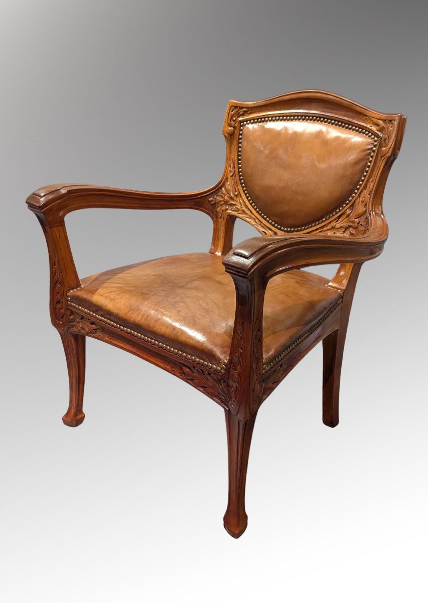 Hector Michaut, Rare Seaweed-patterned Desk And Its Armchair, Art Nouveau Furniture-photo-2