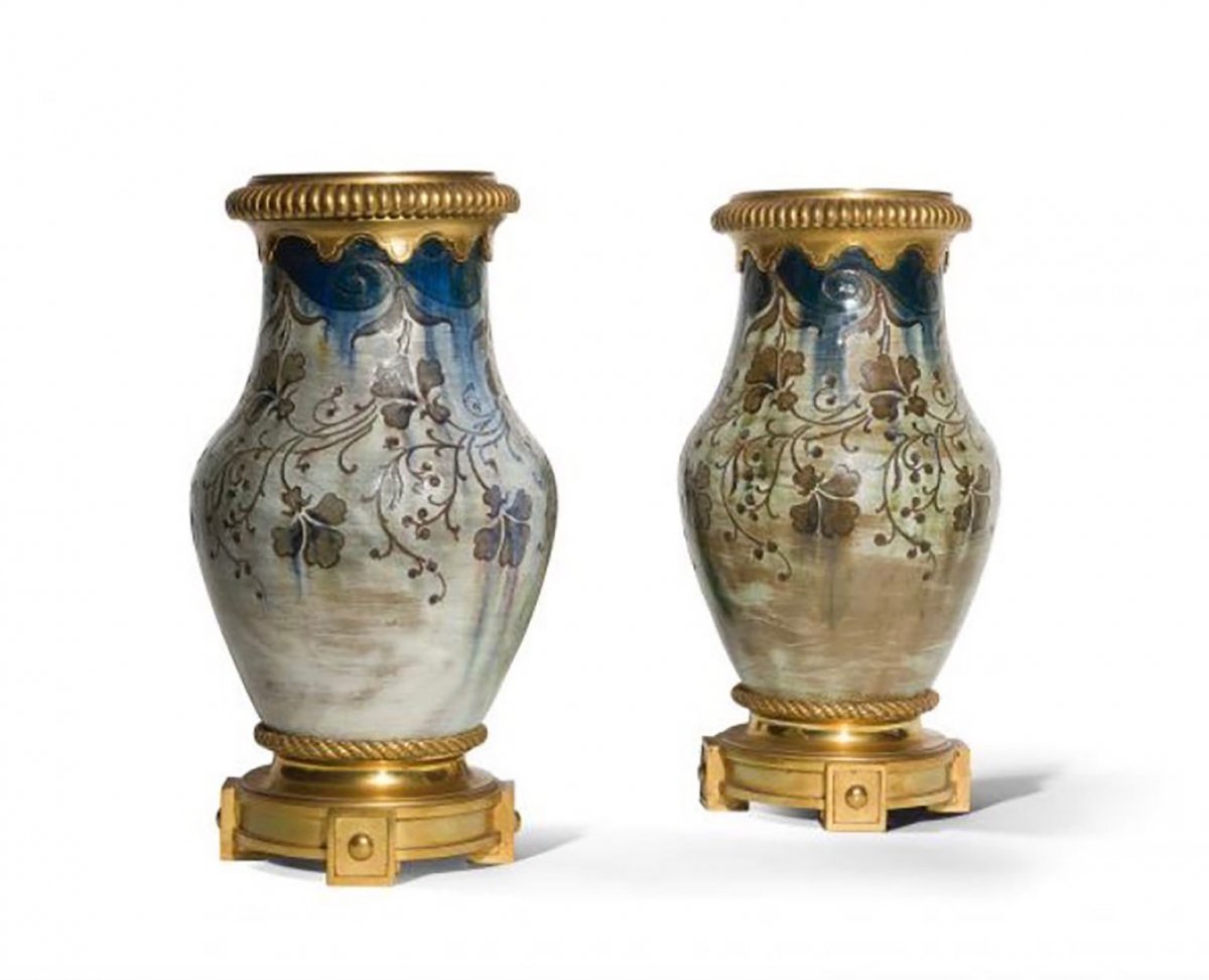 Auguste Delaherche, Pair Of Baluster Vases - Ceramic And Gilt Bronze - Signed