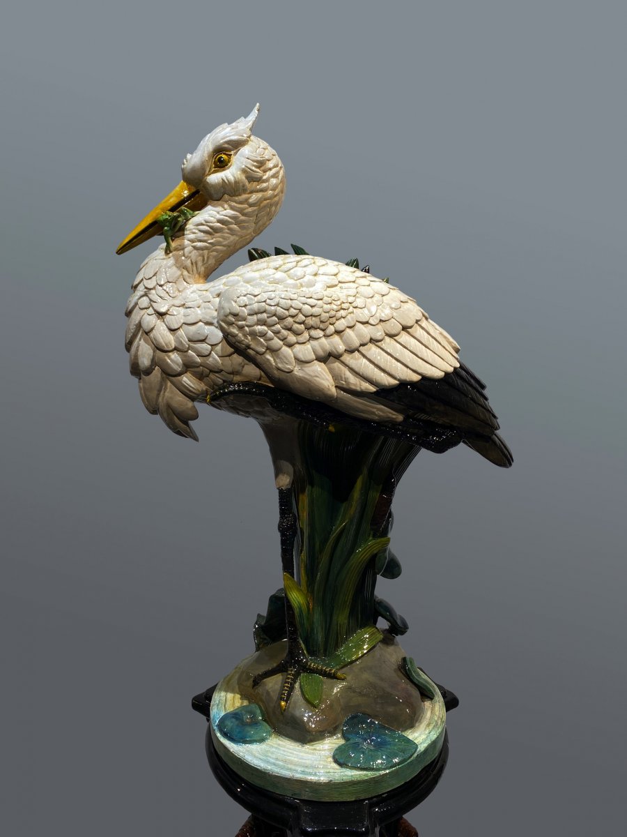 Majolica - Faïencerie De Toul-bellevue - Rare Slush Of A Heron With The Frog On Its Column - 1895/1900-photo-4