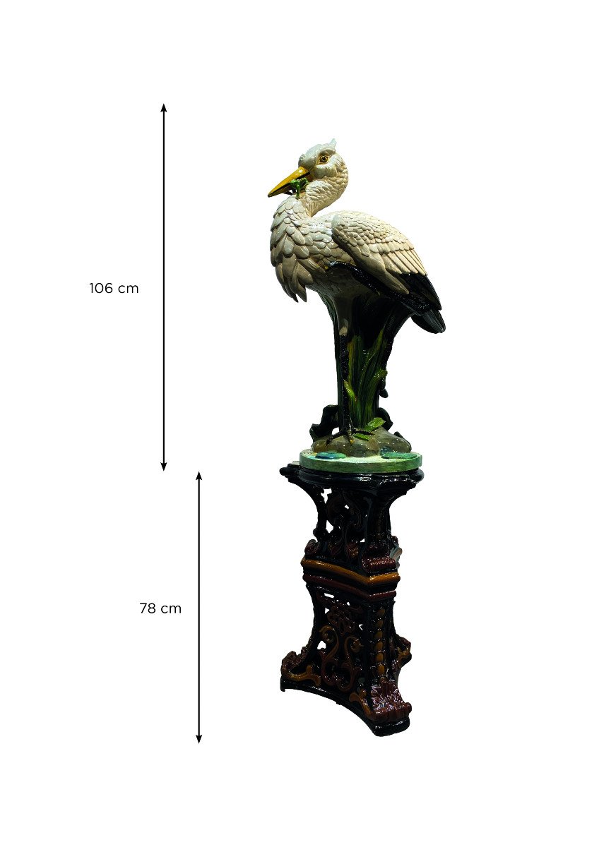 Majolica - Faïencerie De Toul-bellevue - Rare Slush Of A Heron With The Frog On Its Column - 1895/1900-photo-2