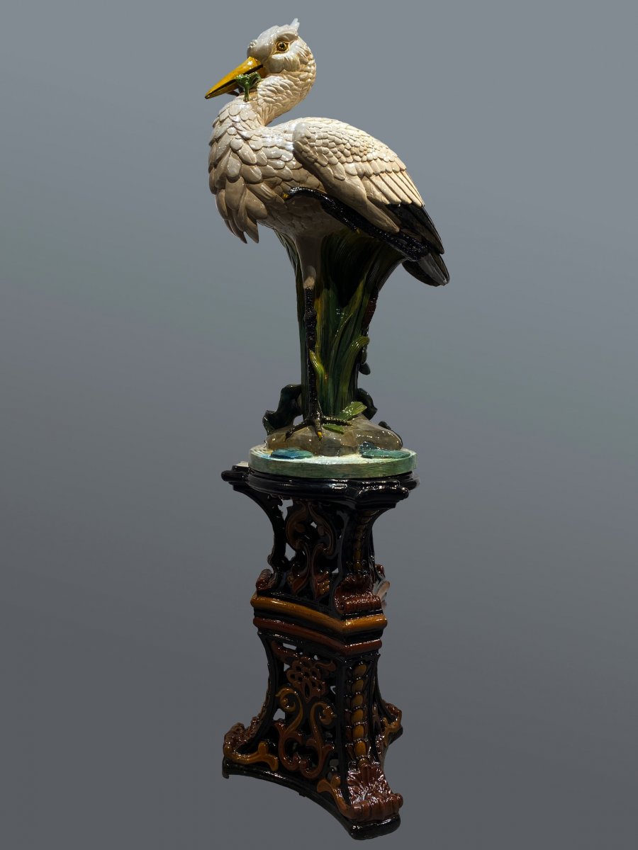 Majolica - Faïencerie De Toul-bellevue - Rare Slush Of A Heron With The Frog On Its Column - 1895/1900