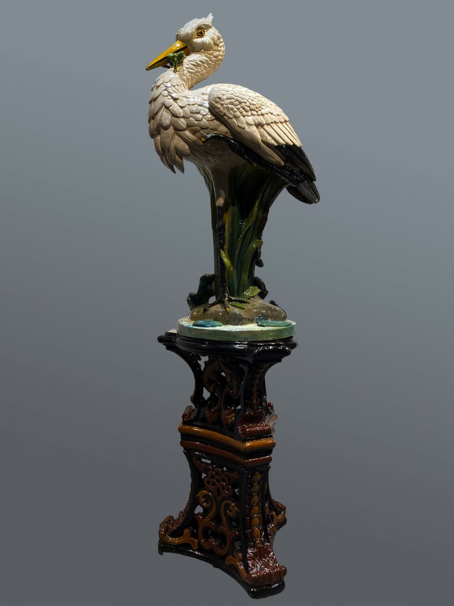 Faïencerie de Toul-Bellevue - Rare Barbotine d'Un Héron à La Grenouille Sur Sa Colonne - 1895/1900