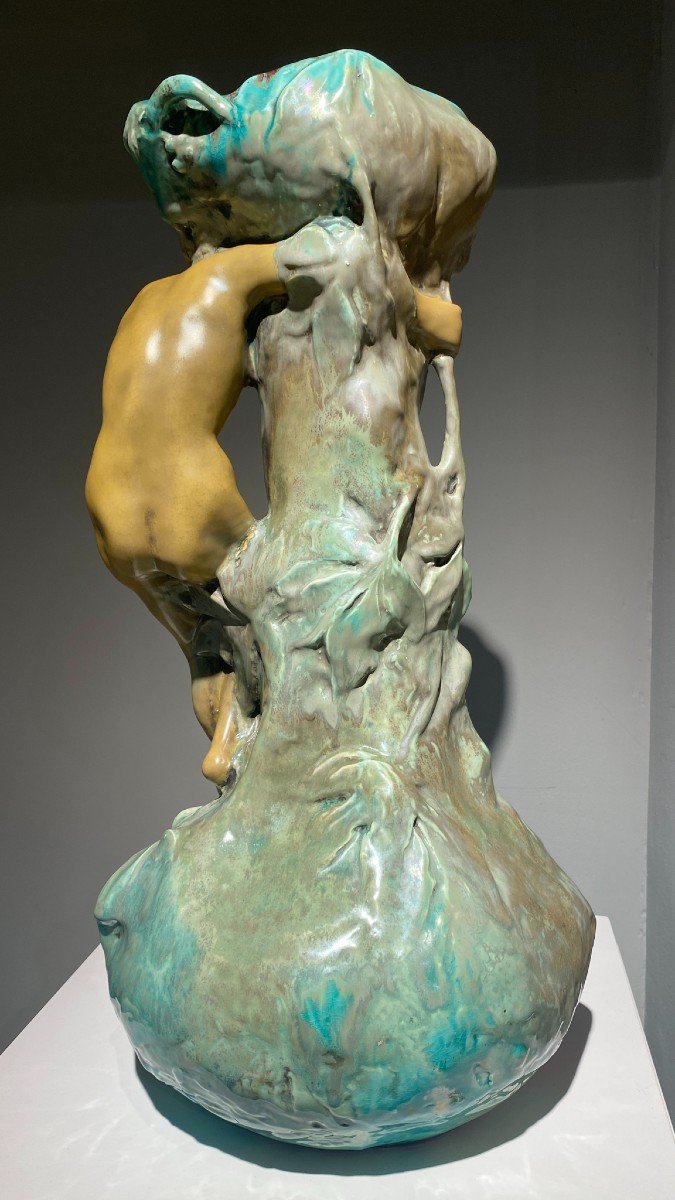 Ernest Bussiere, Vase à Long Col - Céramique Polychrome. Signé Bussière - Art Nouveau-photo-2