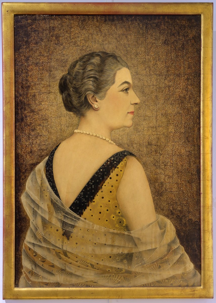 Jean Dunand, Portrait De Mme Dutey, Laque Sur Fond De Coquille d'Oeuf. (1927) Art Déco.