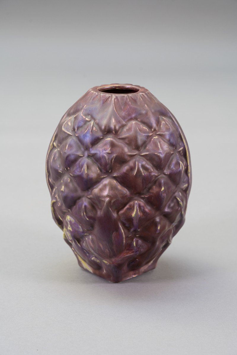 Ernest Bussière, Signed Pineapple Vase - Glass Skin Ceramic. Art Nouveau Signed Bussiere