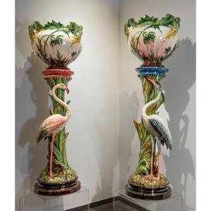 Jérome Massier, Pair Of Heron And Flamingo Planters And Sellettes, Majolica Vallauris