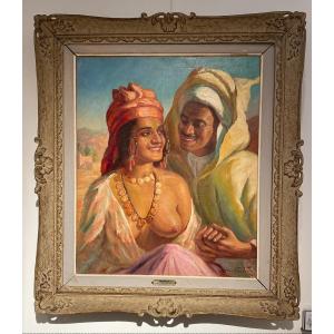 Boukerche, Painting Of An Orientalist Couple, Oil On Canvas