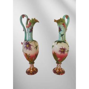 Delphin Massier, Pairs Of Ewers, Vallauris Vases Barbotine