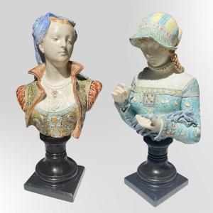 Albert Ernest Carrier Belleuse, Paire De Bustes Femmes Art Nouveau Céramique Barbotine