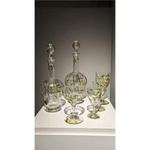 Edmond Lachenal & Daum Nancy, Rare "mistletoe" Glass And Decanter Set, 12 People, Art Nouveau