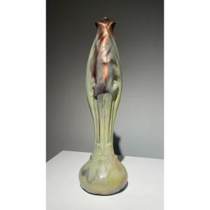 Ernest Bussiere, Iris Vase Art Nouveau Ceramic Signed Bussière
