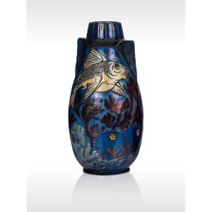 Jean Barol, Vase à la carpe et flore marine, Céramique Art Deco
