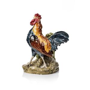 Louis Robert Carrier Belleuse, Coq chantant, Bouquetière en barbotine, Céramique polychrome