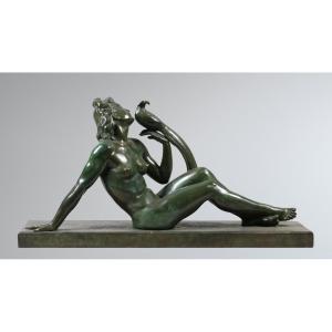 Lucien Alliot, La Femme et l'Oiseau, Bronze Art Deco