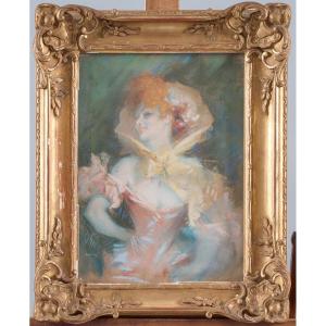 Jules CHÉRET, Élégante femme au chapeau, Tableau Pastel Signé