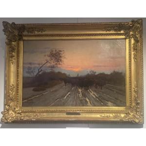 Delphin Enjolras, Huile sur toile, Retour des taureaux en Camargue