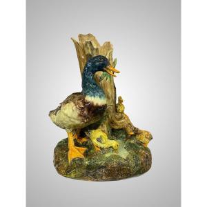 Delphin Massier, Canard et ses canetons, Barbotine Céramique polychrome
