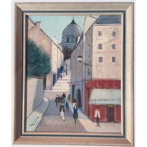 Charles Levier, Les Escaliers, Huile sur toile Paris Montmartre