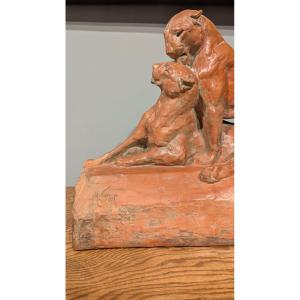 Maximilien Fiot, Les Lionnes, Terre cuite patinée Art Deco