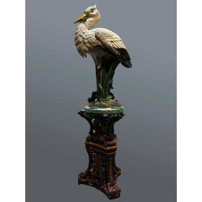 Majolica - Faïencerie De Toul-bellevue - Rare Slush Of A Heron With The Frog On Its Column - 1895/1900