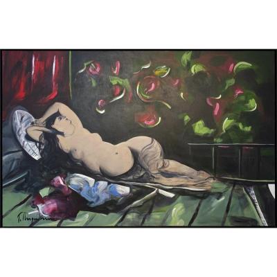 Tahar M'guedmini, Odalisque. Huile Sur Toile 150x 245 Cm. Années 2000