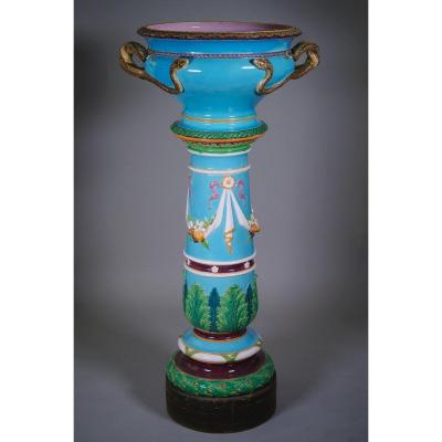 Majolica - Mintons Manufacture, Vasque On Its Column - Ceramic Majolica. Late 19th - Early 20th.
