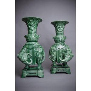 Theodore Deck, Pair Of Vases With Elephants - Art Nouveau Ceramic