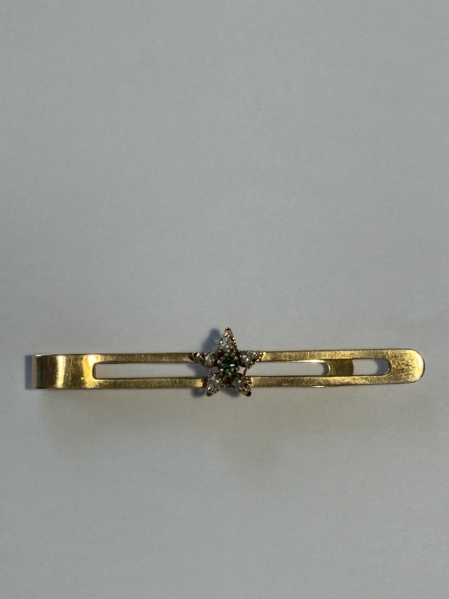 Barrette ancienne en or 18 carats, perles fines et pierre verte en étoile-photo-3