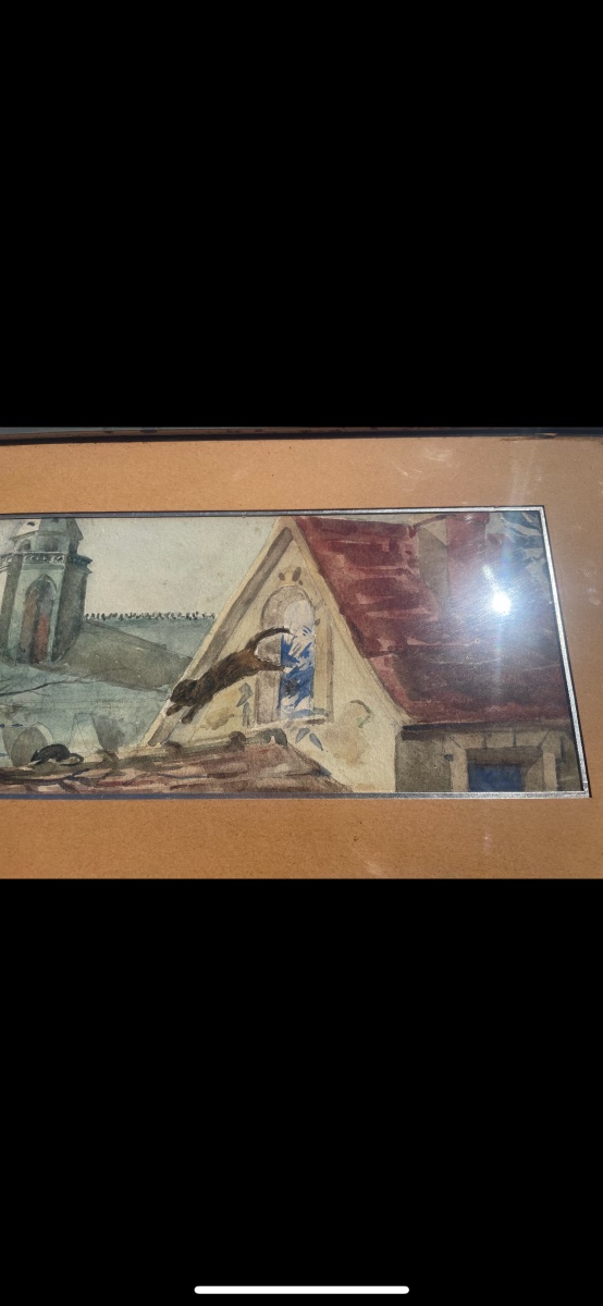Watercolor Painting Of A Village With Cats -photo-2