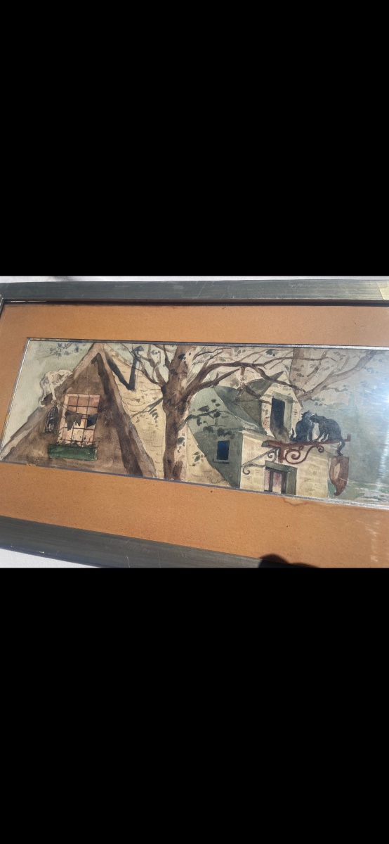 Watercolor Painting Of A Village With Cats -photo-3