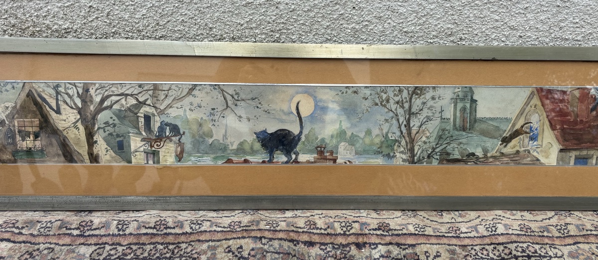 Watercolor Painting Of A Village With Cats 